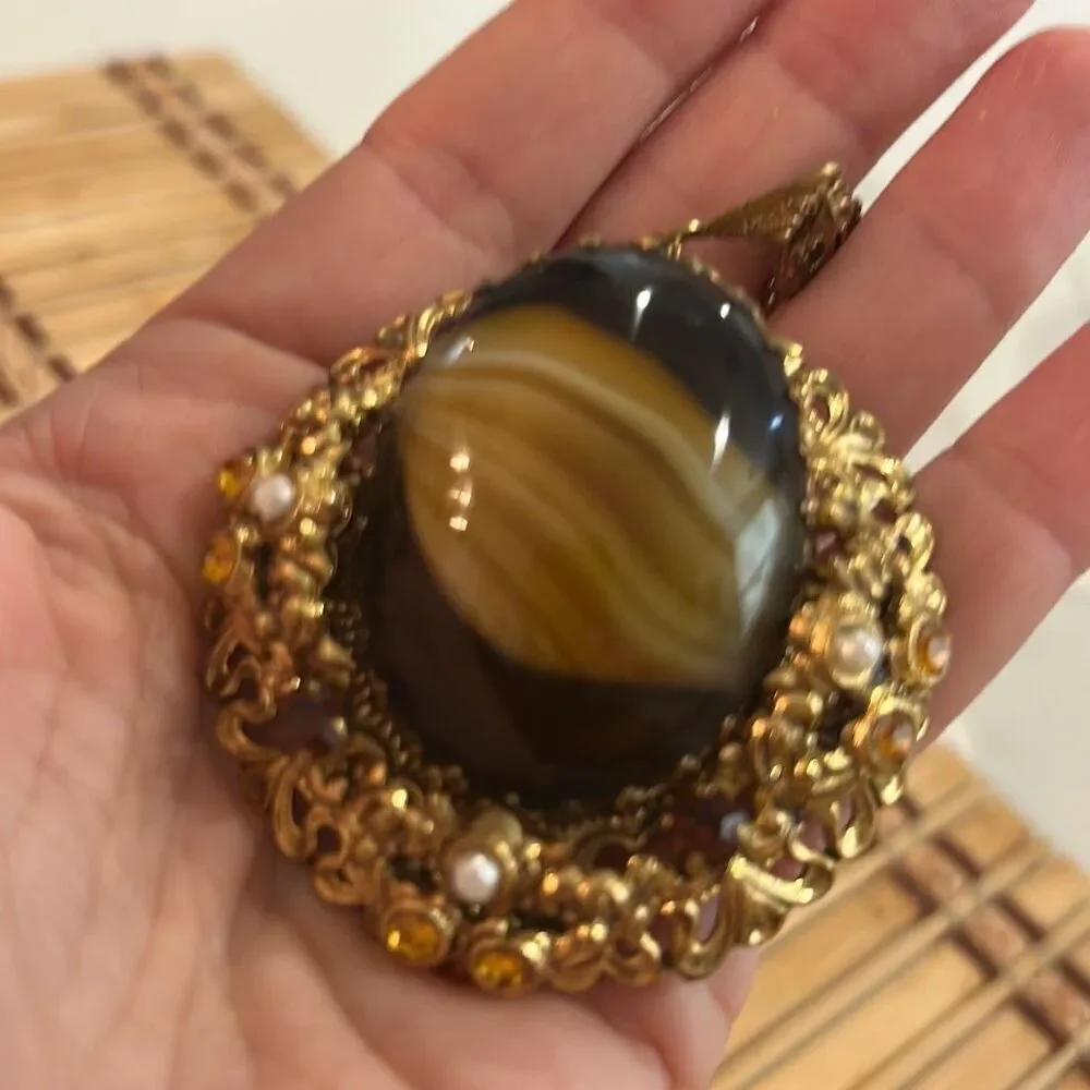 Vintage made in West Germany at gate filigree pendant with pearl and stone detai